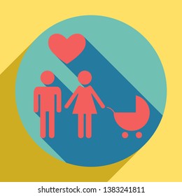 Family with heart. Husband, wife with baby. Sunset orange icon with llapis lazuli shadow inside medium aquamarine circle with different goldenrod shadow at royal yellow background.