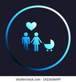 Family with heart. Husband, wife with baby. White, cyan and blue gradient icon as round button in white shell at dark blue background. Illustration.
