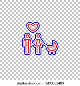 Family with heart. Husband, wife with baby. Red, white and contour icon at transparent background. Illustration.