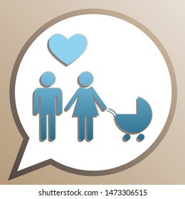 Family with heart. Husband, wife with baby. Bright cerulean icon in white speech balloon at pale taupe background. Illustration.