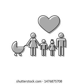 Family with heart. Husband, wife with baby and childrens. Black line icon with gray shifted flat filled icon on white background. Illustration.