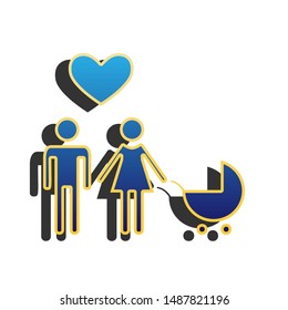 Family with heart. Husband, wife with baby. Blue icon with gold contour with dark gray shadow at white background. Illustration.