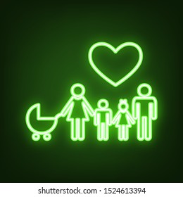 Family with heart. Husband, wife with baby and childrens. Green neon icon in the dark. Blurred lightening. Illustration.