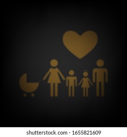 Family with heart. Husband, wife with baby and childrens. Icon as grid of small orange light bulb in darkness. Illustration.