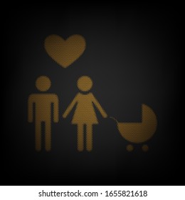 Family with heart. Husband, wife with baby. Icon as grid of small orange light bulb in darkness. Illustration.