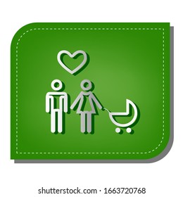 Family with heart. Husband, wife with baby. Silver gradient line icon with dark green shadow at ecological patched green leaf. Illustration.