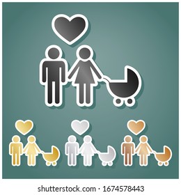 Family with heart. Husband, wife with baby. Set of metallic Icons with gray, gold, silver and bronze gradient with white contour and shadow at viridan background. Illustration.