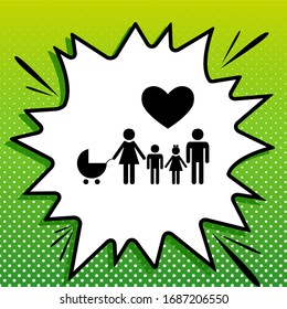 Family with heart. Husband, wife with baby and childrens. Black Icon on white popart Splash at green background with white spots. Illustration.