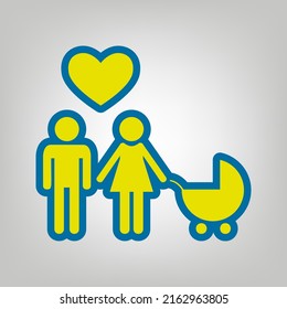 Family with heart. Husband, wife with baby. Icon in colors of Ukraine flag (yellow, blue) at gray Background. Illustration.