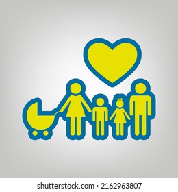 Family with heart. Husband, wife with baby and childrens. Icon in colors of Ukraine flag (yellow, blue) at gray Background. Illustration.