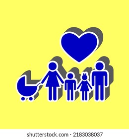 Family with heart. Husband, wife with baby and childrens. Blue Icon with white stroke in 3d at yellow Background. Illustration.