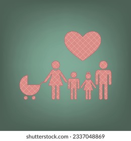 Family with heart. Husband, wife with baby and childrens. Apricot Icon with Brick Red parquet floor graphic pattern on a Ebony background. Feldgrau. Green. Illustration.