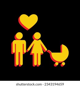 Family with heart. Husband, wife with baby. 3D Extruded Yellow Icon with Red Sides a Black background. Illustration.