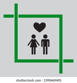 Family with heart. Husband and wife. Black icon inside green crop tool at light gray background