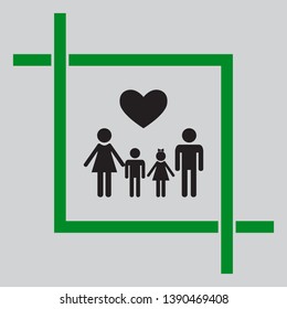 Family with heart. Husband, wife with childrens. Black icon inside green crop tool at light gray background
