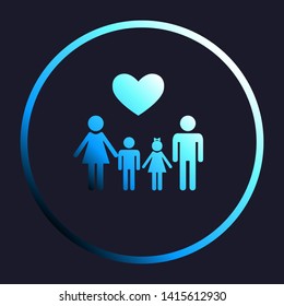 Family with heart. Husband, wife with childrens. White, cyan and blue gradient icon as round button in white shell at dark blue background. Illustration.