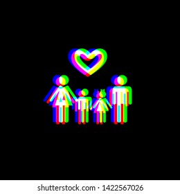 Family with heart. Husband, wife with childrens. Red, green and blue unfocused contour icon at black background. Illustration.