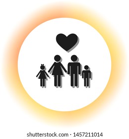 Family with heart. Husband, wife with childrens. Dark icon with shadow on the glowing circle button. Illustration.