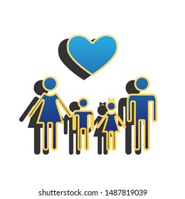 Family with heart. Husband, wife with childrens. Blue icon with gold contour with dark gray shadow at white background. Illustration.