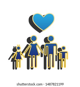 Family with heart. Husband, wife with childrens. Blue icon with gold contour with dark gray shadow at white background. Illustration.