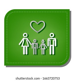 Family with heart. Husband, wife with childrens. Silver gradient line icon with dark green shadow at ecological patched green leaf. Illustration.