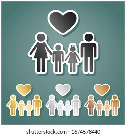 Family with heart. Husband, wife with childrens. Set of metallic Icons with gray, gold, silver and bronze gradient with white contour and shadow at viridan background. Illustration.