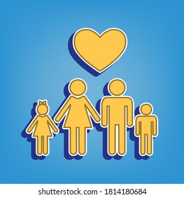 Family with heart. Husband, wife with childrens. Golden Icon with White Contour at light blue Background. Illustration.