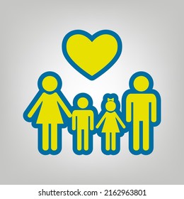 Family with heart. Husband, wife with childrens. Icon in colors of Ukraine flag (yellow, blue) at gray Background. Illustration.