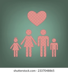 Family with heart. Husband, wife with childrens. Apricot Icon with Brick Red parquet floor graphic pattern on a Ebony background. Feldgrau. Green. Illustration.