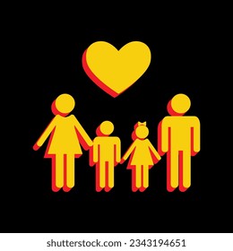 Family with heart. Husband, wife with childrens. 3D Extruded Yellow Icon with Red Sides a Black background. Illustration.