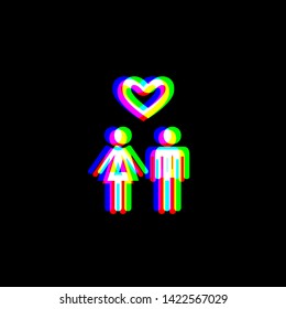 Family with heart. Husband and wife. Red, green and blue unfocused contour icon at black background. Illustration.