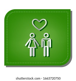 Family with heart. Husband and wife. Silver gradient line icon with dark green shadow at ecological patched green leaf. Illustration.
