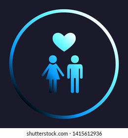 Family with heart. Husband and wife. White, cyan and blue gradient icon as round button in white shell at dark blue background. Illustration.