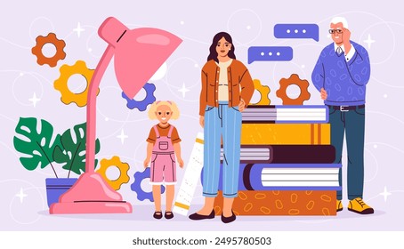 Family help with homework. Mother and grandfather with girl near stack of textbooks. Parents help their daughter prepare for examination or test. Education and learning. Flat vector illustration