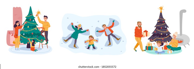 The family helped decorate the Christmas tree. A lovely family made a snow angel while lying in the snow. The boy received a gift from his parents on Christmas Eve.