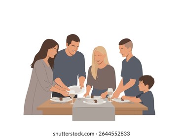 Family helping set the dinner table together