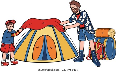 family helping to set up a tent for camping illustration in doodle style isolated on background