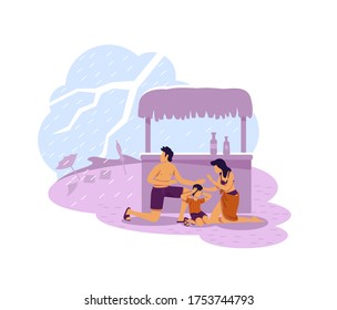 Family hiding from thunderbolt 2D vector web banner, poster. Natural disaster flat characters on cartoon background. Tropical climate, bad weather printable patch, colorful web element