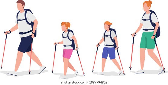 Family of hikers semi flat color vector characters. Parents and kids figures. Full body people on white. Active recreation isolated modern cartoon style illustration for graphic design and animation