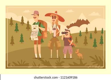 Family hiking adventure. Dad with map, mother with camera, son with binoculars and kayak and cute dog. Vector cartoon flat illustration of people on a landscape with a mountain.