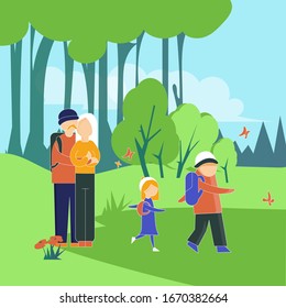 Family hiking with backpacks in forest. Father and mother hug, son and daughter walking. Side view. Color cartoon flat vector illustration Lifestyle concept outdoor activity