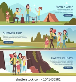 Family hiking banners. Kids with parents camping outdoor explorers mountain walking vector characters