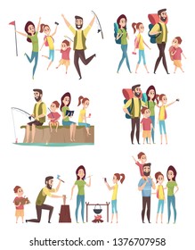 Family hiking. Couples with kids exploring travellers tourists happy adventure in mountains camping vector characters