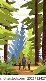 Family hiking in forest nature scene colorful trees father and two children walking on a trail lush greenery outdoor adventure