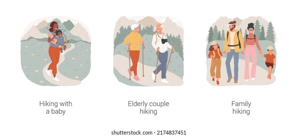 Family hiking isolated cartoon vector illustration set. Hiking with a baby, elderly couple trekking with sticks, family, walking in nature, holiday adventure, active lifestyle vector cartoon.