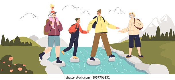 Family hiking in mountains, parents and children travel on vacation, trekking together. Young travelers hikers on active holiday cross river. Cartoon flat vector illustration