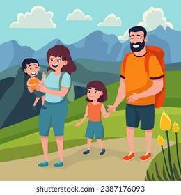 Family hiking in mountains together vector illustration in cartoon style. Couple with two children walking outdoors. Family, nature concept