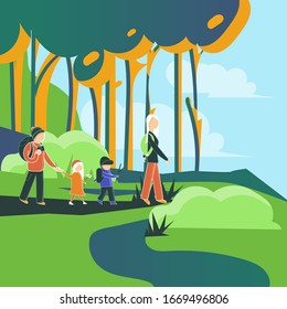 Family hiking outdoors. Side view. Color cartoon flat vector illustration
