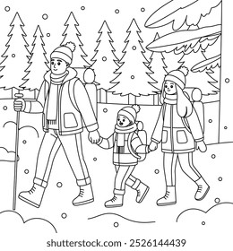 Family Hiking Through a Snow-Covered Forest Outline Coloring Page. Christmas and Winter Illustration 