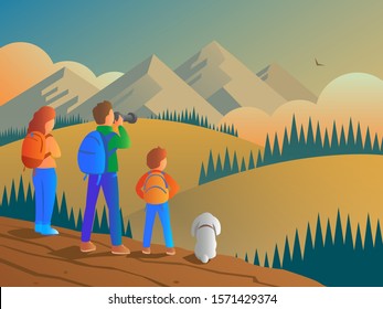 Family hiking tourists with backpacks. Father with camera, mother, little son and dog. Vector cartoon illustration